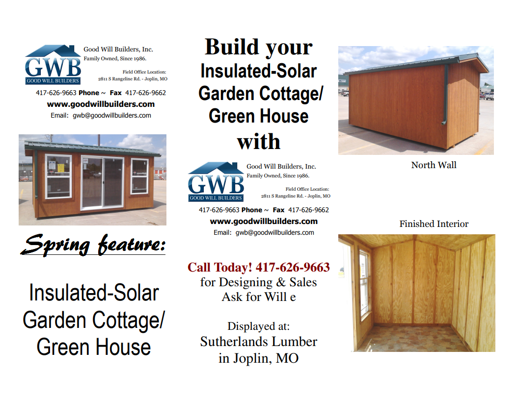Insulated-Solar Garden Cottage / Green House Flyer 1
